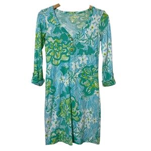 Lilly Pulitzer Womens Floral Dress Size XXS Roll Tab Sleeve Gold Buttons